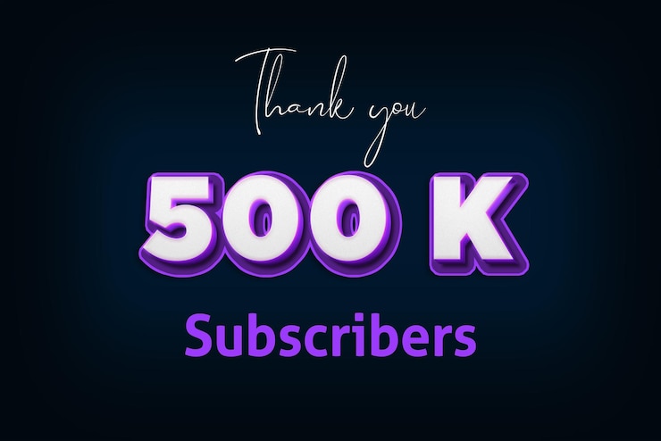 Foto banner de saludo de celebración de suscriptores de 500 k con diseño 3d púrpura
