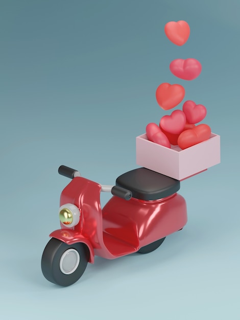 Banner de San Valentín con corazón en caja en scooter.