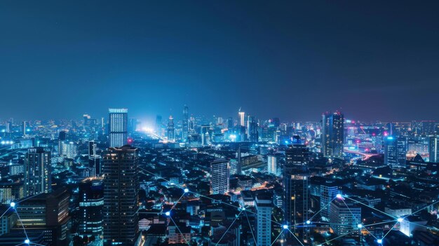 Banner smart city dot point connect with gradient line connection technology metaverse concept bangkok cidade de fundo à noite com big data na tailândia panorama view