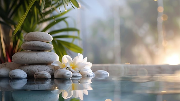 Foto banner spa wellness-umgebung mit zen-steinen frangipani-blüten und wassereflexionen