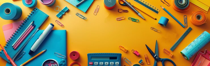 Banner de suministros escolares con doble borde Vista superior sobre un fondo amarillo con espacio para copiar