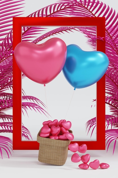 Banner de tarjeta de felicitación de feliz día de san valentín con globo de caja de regalo de forma de corazón de marco rosa representación 3D