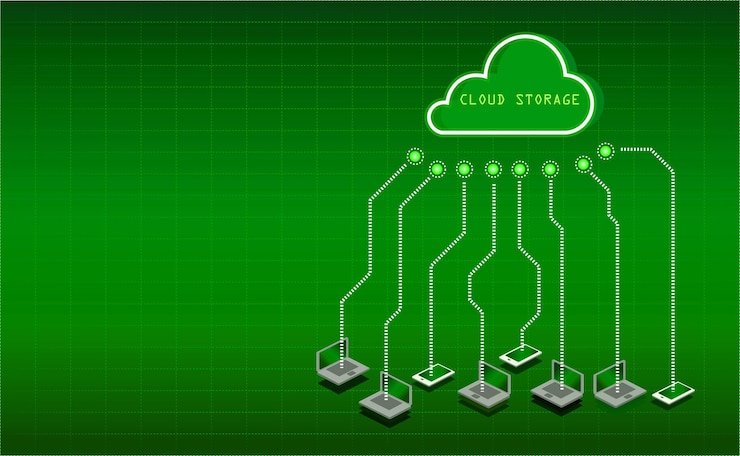 Foto banner de techno verde ilustración de almacenamiento en la nube espacio de copia de fondo verde brillante