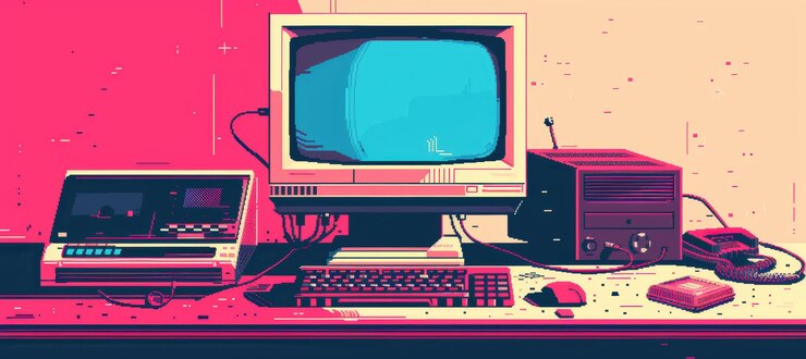 Foto banner tecnológico retro de los años 90 con disquete de computadora de escritorio y teléfono vintage para un diseño nostálgico