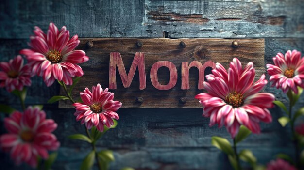 Foto banner con texto mamá adornado con flores un homenaje cálido y floral para celebrar la esencia de la maternidad expresando amor y aprecio en una pantalla llena de sentimientos bellamente diseñada