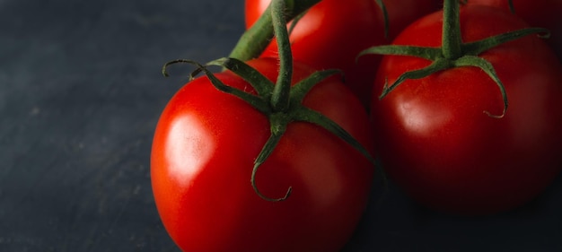 Banner de tomates maduros rojos sobre fondo oscuro Escena oscura de tomates frescos con espacio de copia