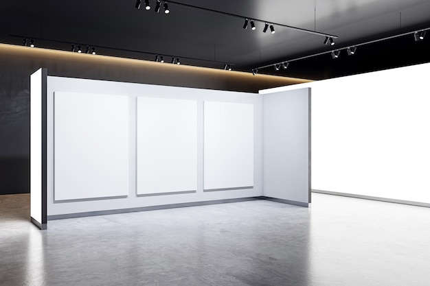 Banner triplos com molduras vazias em um interior de galeria com um chão brilhante e iluminação de spotlight conceito de espaço publicitário Rendering 3D