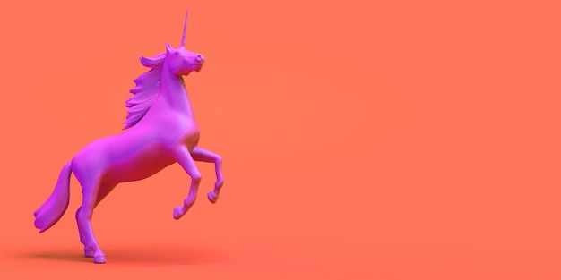 Banner con unicornio rosa al trote. Abstracto. Ilustración 3D.