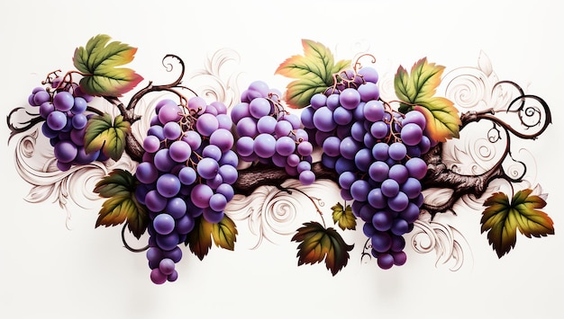 Banner con uvas y vides sobre fondo blanco para ser utilizado en publicidad u otros fines AI gen