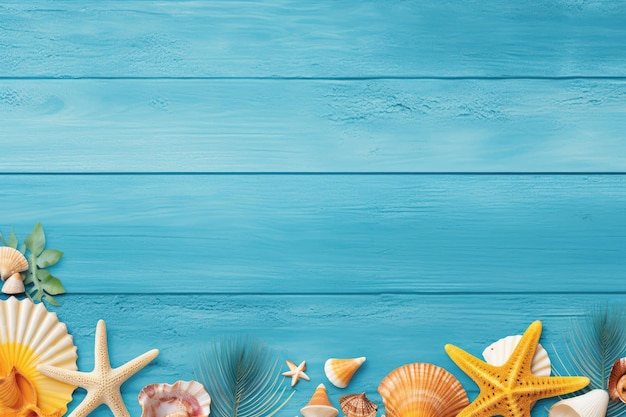 Banner de vacaciones de verano con accesorios de playa en un tablón azul