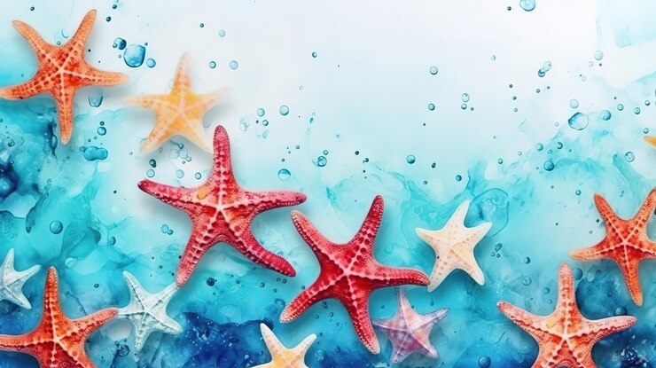 Banner de vacaciones y verano concepto estrellas de mar con acuarela turquesa Generativo ai