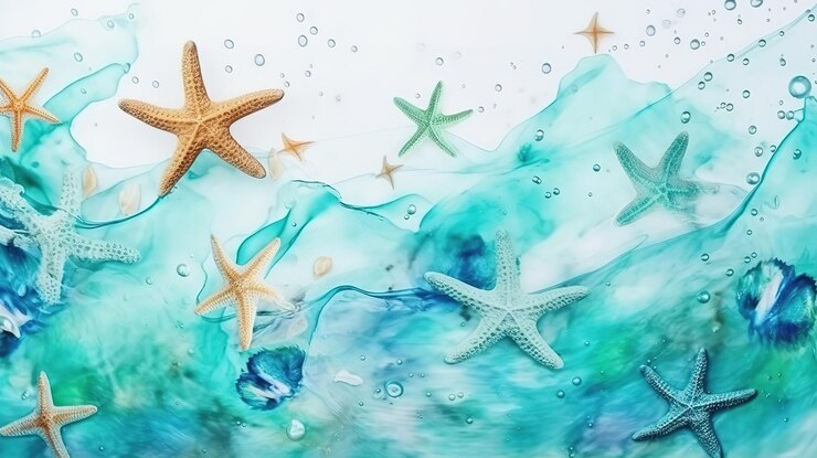 Banner de vacaciones y verano concepto estrellas de mar con acuarela turquesa Generativo ai