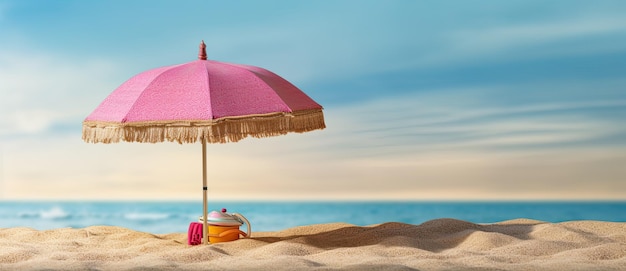 Banner de vacaciones de verano en la playa concepto accesorios de playa en arena blanca Creado con tecnología de IA generativa