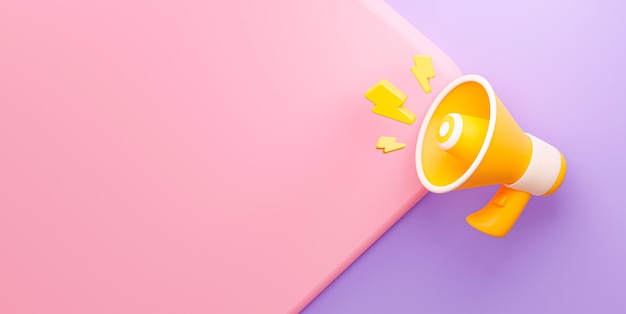 Banner de venta 3d megáfono amarillo con relámpago en la ilustración de renderizado 3d de fondo rosa pastel