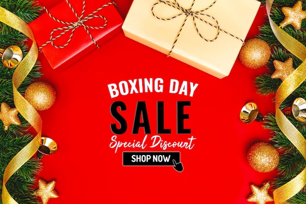 Banner de venta de boxing day con regalo de navidad