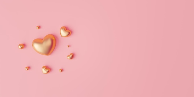 Banner de venta de compras de concepto de San Valentín de amor de corazón de oro sobre fondo rosa Representación 3D