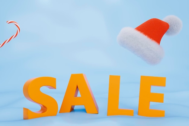 Banner de venta de Navidad 3d con gorro de Papá Noel y bastón de Navidad sobre fondo azul claro de nieve