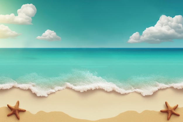 Banner de venta de verano playa de mar tropical con fondo de cielo azul