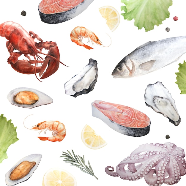 Banner vertical de ilustração em aquarela de frutos do mar no fundo branco