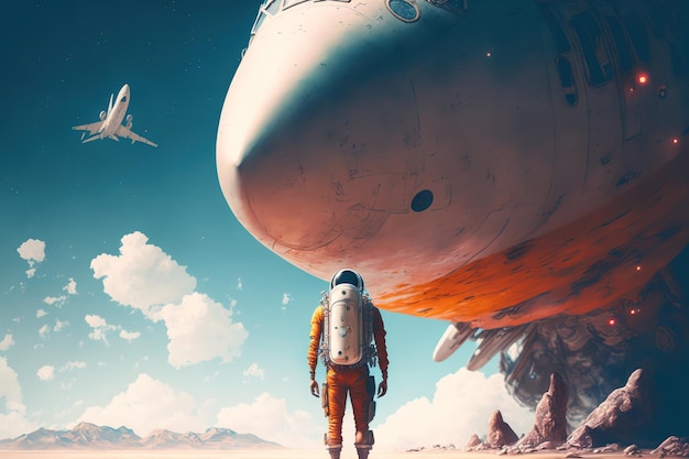 Banner de viaje con un cohete y un avión de astronauta