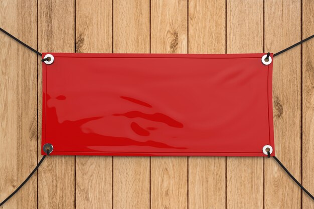 Banner de vinilo en blanco rojo colgando con cuerda