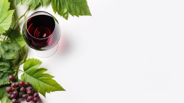 Banner de vino con copa de vino tinto y vid roja sobre fondo blanco.