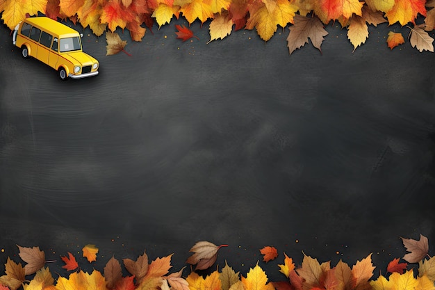 Banner de vista superior de un autobús escolar y lápices junto a un boceto de árbol con hojas secas de otoño sobre un blac