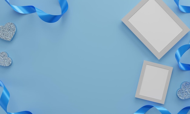 Banner de vista superior del día de la madre Diseño de fondo azul pastel de marco de imagen de cinta de corazón Encabezados de tarjeta de felicitación de cartel para render 3d de sitio web