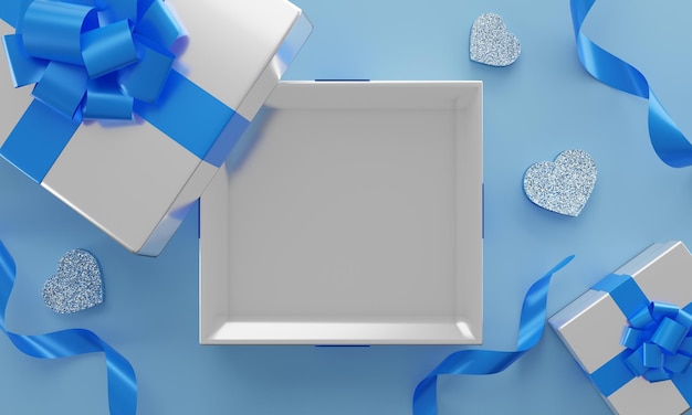 Banner de vista superior del día de la madre Diseño de fondo azul pastel de regalo de cinta de corazón Encabezados de tarjeta de felicitación de póster para render 3d de sitio web