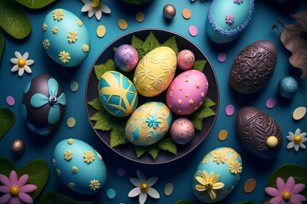 Banner de vista superior de huevos de Pascua con espacio de copia vacío fondo en blanco hermosos huevos pintados en la ilustración del concepto de cesta creado con ai generativo