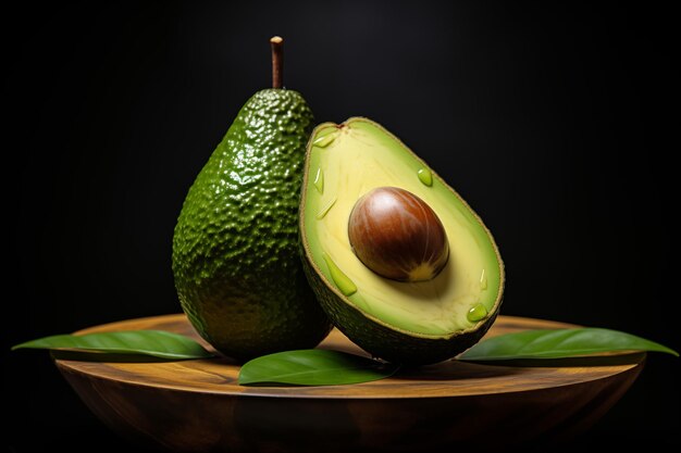 Foto banner von avocado in einem schnitt mit tropfen auf einem dunklen hintergrund