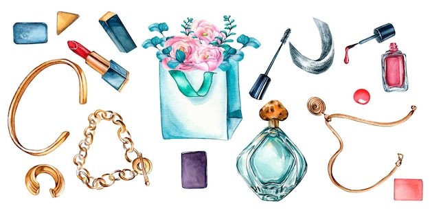 Banner von Beauty-Accessoires für Frauenaquarellillustration isoliert auf Weiß