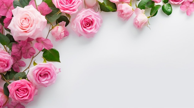 Banner web decorativo Primer plano de flores y pétalos de rosas rosadas florecientes aisladas sobre fondo blanco de mesa Composición de marco floral Espacio vacío endecha plana AI generativa