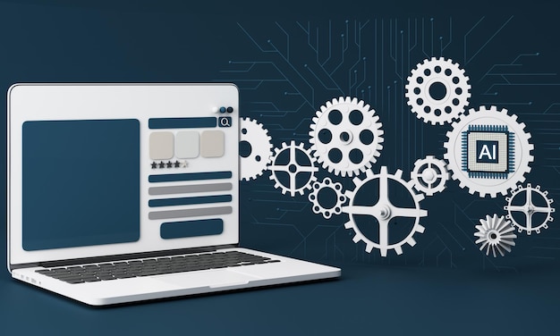 Banner web de inteligencia artificial de un chip de procesador y una computadora portátil El proceso de procesamiento de datos Desarrollos en tecnologías modernas Microcircuitos sobre fondo brillante de neón Representación 3D