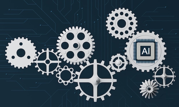 Banner web de inteligencia artificial de un chip de procesador El proceso de procesamiento de datos Desarrollos en tecnologías modernas Microcircuitos sobre fondo brillante de neón Representación 3D