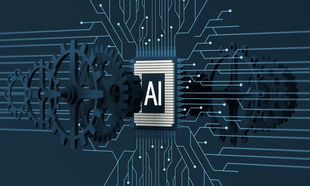 Banner web de inteligencia artificial de un chip de procesador El proceso de procesamiento de datos Desarrollos en tecnologías modernas Microcircuitos sobre fondo brillante de neón Representación 3D