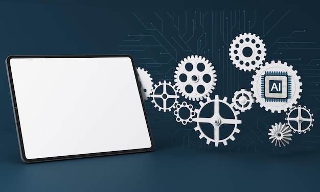 Banner web de inteligencia artificial de un chip de procesador y tableta El proceso de procesamiento de datos Desarrollos en tecnologías modernas Microcircuitos sobre fondo brillante de neón Representación 3D