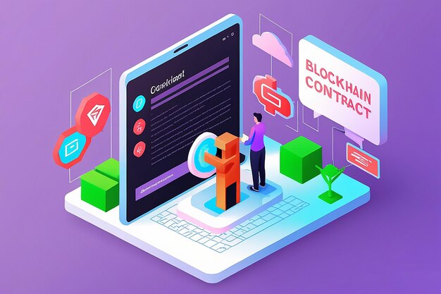 Banner web isométrico 3D Contrato inteligente en el centro de la tecnología Blockchain