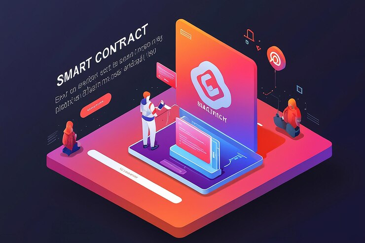 Foto banner web isométrico 3d contrato inteligente en el centro de la tecnología blockchain
