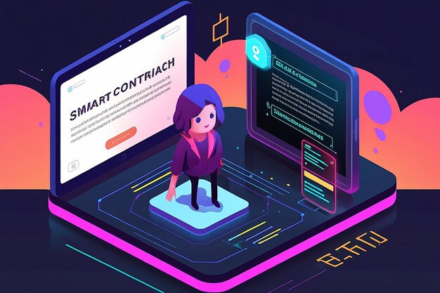 Banner web isométrico 3D Contrato inteligente en el centro de la tecnología Blockchain