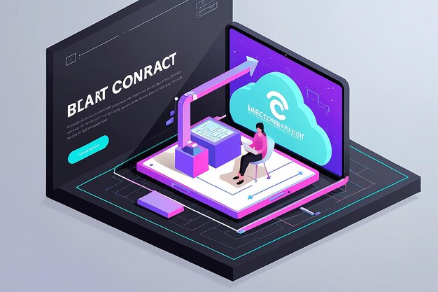 Banner web isométrico 3D Contrato inteligente en el centro de la tecnología Blockchain