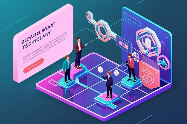 Banner web isométrico 3D Contrato inteligente en el centro de la tecnología Blockchain