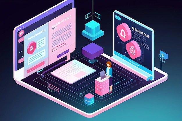 Banner web isométrico 3D Contrato inteligente en el centro de la tecnología Blockchain