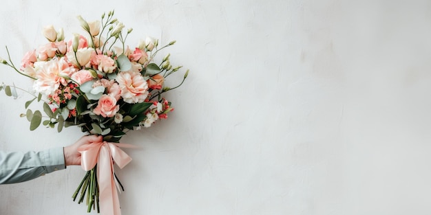 bannera mans mão em uma camisa branca segurando um grande buquê elegante de flores delicadas com uma fita rosa em um fundo cinza claro lugar para texto sobre o direito conceito de design para materiais festivos