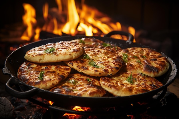 Bannock braten Brot in der Pfanne auf heißen Kohlen