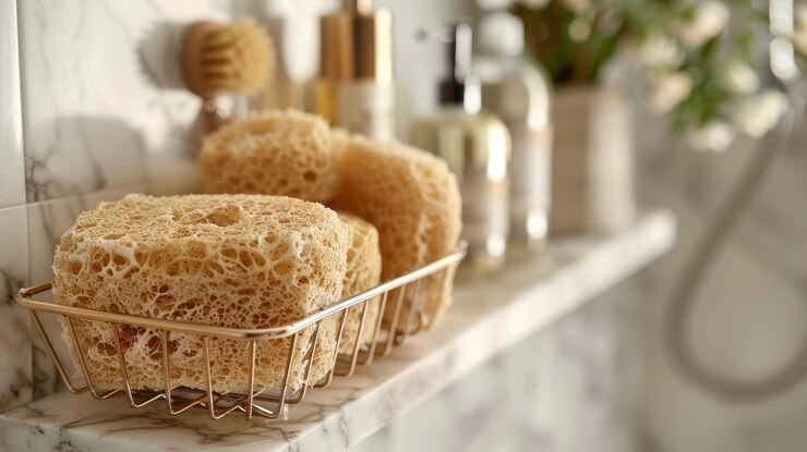 Baño con accesorios de esponjas naturales y plantas verdes que crean un entorno fresco y respetuoso con el medio ambiente
