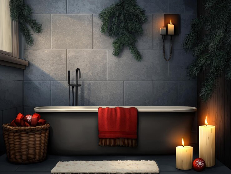 Baño acogedor con velas y decoración festiva