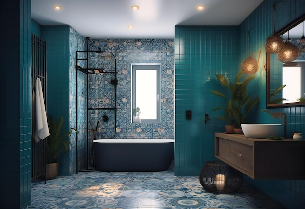 Baño alicatado con una pared de azulejos azules