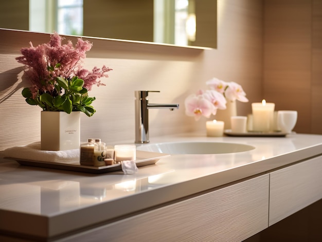 Baño amueblado con azulejos de muebles blancos en gris