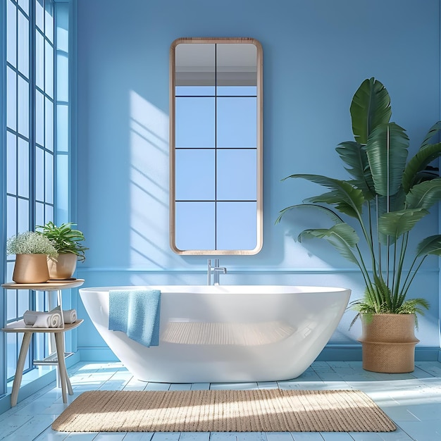 Baño azul con bañera grande